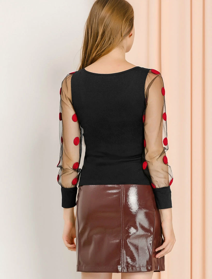 Allegra K Women's Puff Sleeve Sheer Elegant Polka Dots Blouse Top 8 Allegra K Women's Puff Sleeve Sheer Elegant Polka Dots Blouse Top