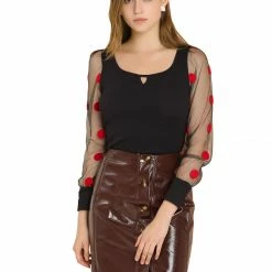 Allegra K Women's Puff Sleeve Sheer Elegant Polka Dots Blouse Top