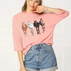 Allegra K Drop Shoulder 3/4 Sleeves Horse Print Loose Top 69 Allegra K Drop Shoulder 3/4 Sleeves Horse Print Loose Top