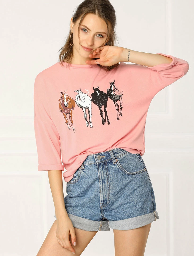 Allegra K Drop Shoulder 3/4 Sleeves Horse Print Loose Top 22 Allegra K Drop Shoulder 3/4 Sleeves Horse Print Loose Top