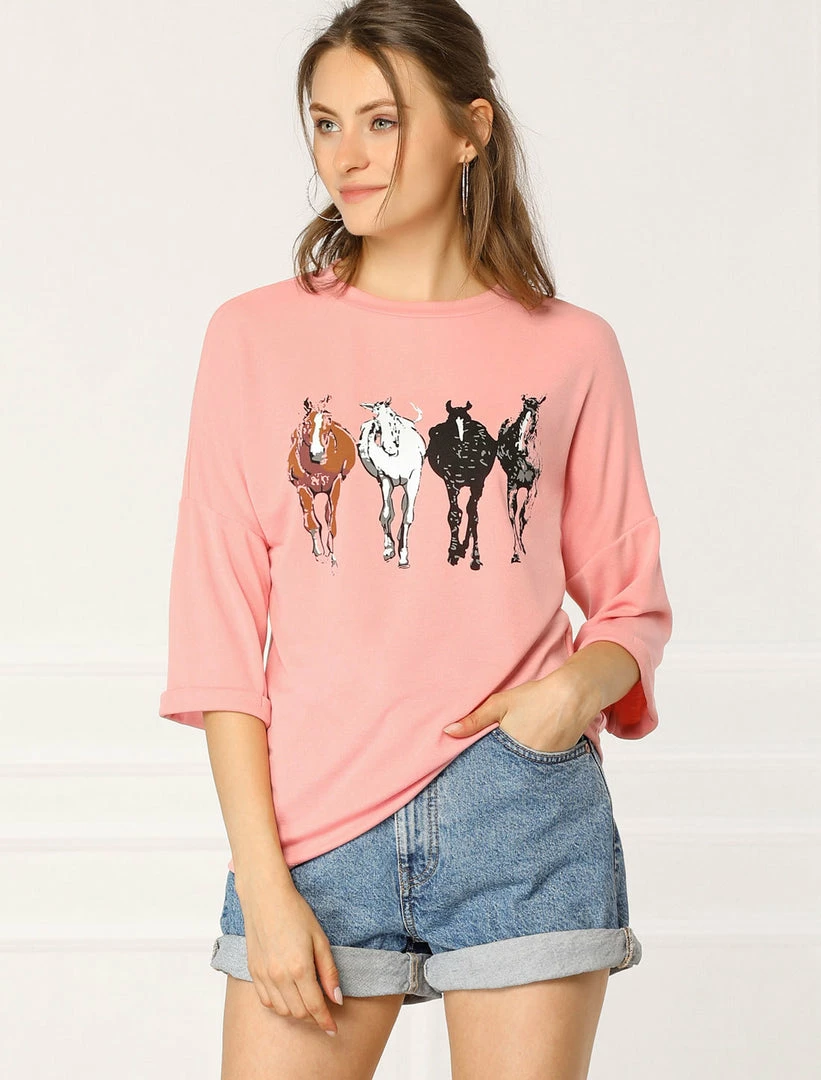 Allegra K Drop Shoulder 3/4 Sleeves Horse Print Loose Top 23 Allegra K Drop Shoulder 3/4 Sleeves Horse Print Loose Top