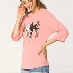 Allegra K Drop Shoulder 3/4 Sleeves Horse Print Loose Top 71 Allegra K Drop Shoulder 3/4 Sleeves Horse Print Loose Top