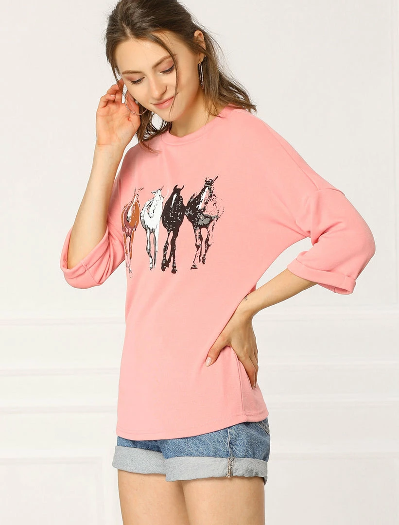 Allegra K Drop Shoulder 3/4 Sleeves Horse Print Loose Top 24 Allegra K Drop Shoulder 3/4 Sleeves Horse Print Loose Top
