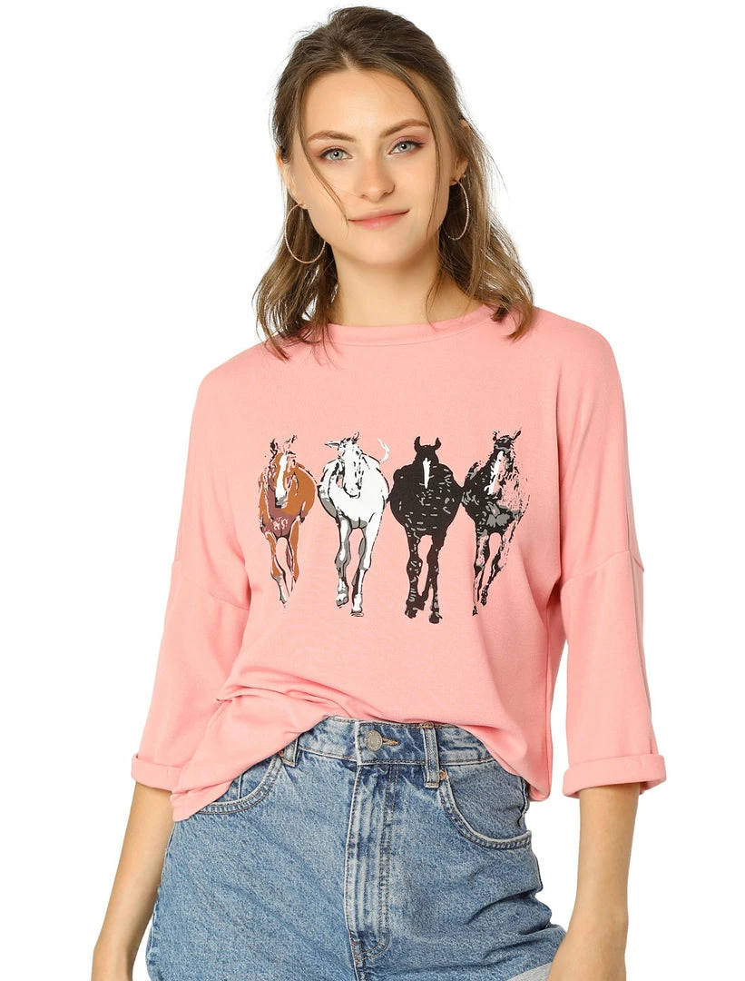 Allegra K Drop Shoulder 3/4 Sleeves Horse Print Loose Top 21 Allegra K Drop Shoulder 3/4 Sleeves Horse Print Loose Top
