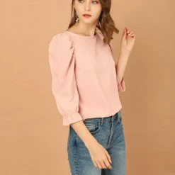 Allegra K Women's Puff Sleeve Casual Solid Top Round Neck Ruched Vintage Pullover Blouse