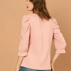 Allegra K Women's Puff Sleeve Casual Solid Top Round Neck Ruched Vintage Pullover Blouse