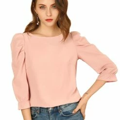 Allegra K Women's Puff Sleeve Casual Solid Top Round Neck Ruched Vintage Pullover Blouse