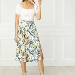 Allegra K Women's Floral Print High Waist Slit A-Line Skirt