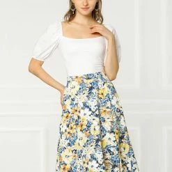 Allegra K Women's Floral Print High Waist Slit A-Line Skirt