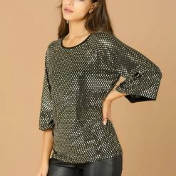 Allegra K Women's Sparkle Sequin Embellishment Tunic 3/4 Kimono Sleeve Casual Loose Knit Top