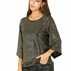 Allegra K Women's Sparkle Sequin Embellishment Tunic 3/4 Kimono Sleeve Casual Loose Knit Top