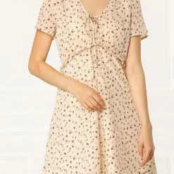 Allegra K Floral Bow Tie V Neck Shorts Sleeves Ruffle Dress Women