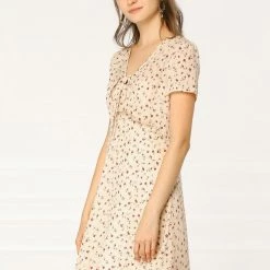 Allegra K Floral Bow Tie V Neck Shorts Sleeves Ruffle Dress Women
