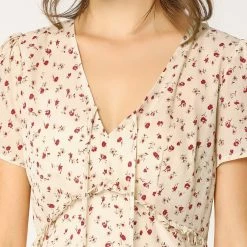 Allegra K Floral Bow Tie V Neck Shorts Sleeves Ruffle Dress Women