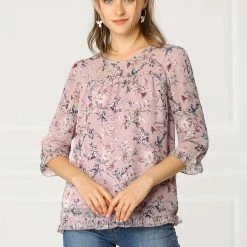Allegra K Women's Casual Ruffle 3/4 Sleeve Floral Print Chiffon Blouse 69 Allegra K Women's Casual Ruffle 3/4 Sleeve Floral Print Chiffon Blouse