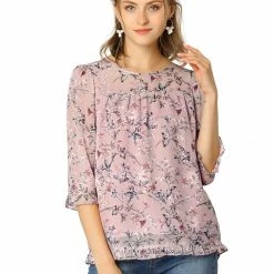 Allegra K Women's Casual Ruffle 3/4 Sleeve Floral Print Chiffon Blouse 67 Allegra K Women's Casual Ruffle 3/4 Sleeve Floral Print Chiffon Blouse