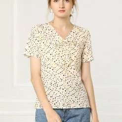 Allegra K Women's Printed Tie V Neck Short Sleeves Straight Loose Blouse Top