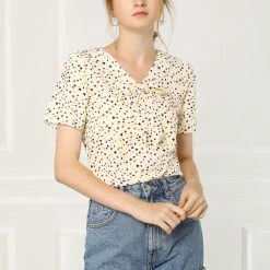 Allegra K Women's Printed Tie V Neck Short Sleeves Straight Loose Blouse Top