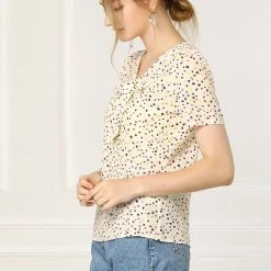 Allegra K Women's Printed Tie V Neck Short Sleeves Straight Loose Blouse Top