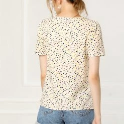 Allegra K Women's Printed Tie V Neck Short Sleeves Straight Loose Blouse Top