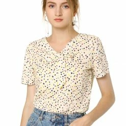 Allegra K Women's Printed Tie V Neck Short Sleeves Straight Loose Blouse Top