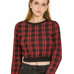 Allegra K Women's Plaid Round Neck Crop Top Long Sleeve Ribbed Sweatshirt 13 Allegra K Women's Plaid Round Neck Crop Top Long Sleeve Ribbed Sweatshirt