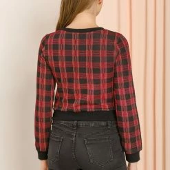 Allegra K Women's Plaid Round Neck Crop Top Long Sleeve Ribbed Sweatshirt 14 Allegra K Women's Plaid Round Neck Crop Top Long Sleeve Ribbed Sweatshirt