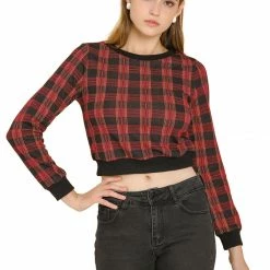 Allegra K Women's Plaid Round Neck Crop Top Long Sleeve Ribbed Sweatshirt