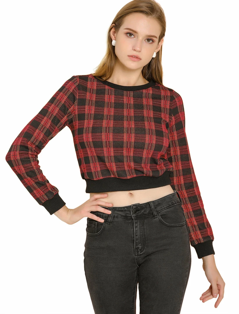 Allegra K Women's Plaid Round Neck Crop Top Long Sleeve Ribbed Sweatshirt 4 Allegra K Women's Plaid Round Neck Crop Top Long Sleeve Ribbed Sweatshirt