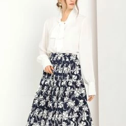 Allegra K Women's Floral Print Elastic Waist Office Midi Pleated Skirt
