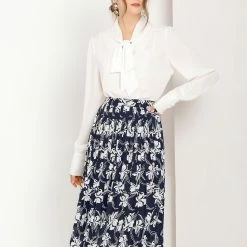 Allegra K Women's Floral Print Elastic Waist Office Midi Pleated Skirt