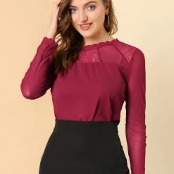 Allegra K Lace Floral Panel Crew Neck Long Sleeves Peasant Blouse Women