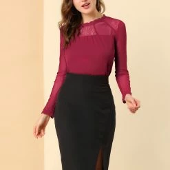 Allegra K Lace Floral Panel Crew Neck Long Sleeves Peasant Blouse Women