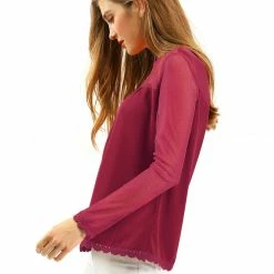 Allegra K Lace Floral Panel Crew Neck Long Sleeves Peasant Blouse Women