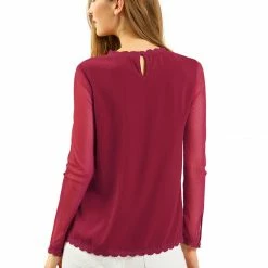 Allegra K Lace Floral Panel Crew Neck Long Sleeves Peasant Blouse Women