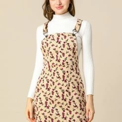 Allegra K Women's Suspender Skirt Adjustable Strap Pinafore Corduroy Floral Overalls Dress