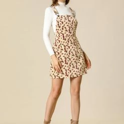 Allegra K Women's Suspender Skirt Adjustable Strap Pinafore Corduroy Floral Overalls Dress