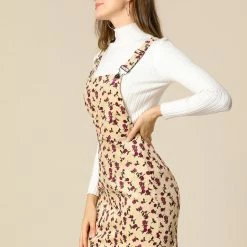 Allegra K Women's Suspender Skirt Adjustable Strap Pinafore Corduroy Floral Overalls Dress
