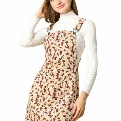 Allegra K Women's Suspender Skirt Adjustable Strap Pinafore Corduroy Floral Overalls Dress