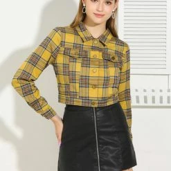 Allegra K Women Classic Vintage Button Front Closure Chest Pocket Plaid Crop Jacket