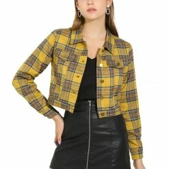 Allegra K Women Classic Vintage Button Front Closure Chest Pocket Plaid Crop Jacket