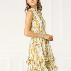 Allegra K Women's Floral A-line Smocked Waist Tiered Ruffled Chiffon Mini Dress