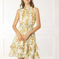 Allegra K Women's Floral A-line Smocked Waist Tiered Ruffled Chiffon Mini Dress