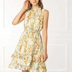 Allegra K Women's Floral A-line Smocked Waist Tiered Ruffled Chiffon Mini Dress