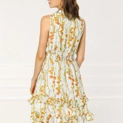 Allegra K Women's Floral A-line Smocked Waist Tiered Ruffled Chiffon Mini Dress