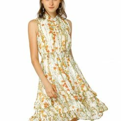 Allegra K Women's Floral A-line Smocked Waist Tiered Ruffled Chiffon Mini Dress