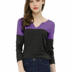 Allegra K Split V-neck Long Sleeves Color Block T-Shirt 79 Allegra K Split V-neck Long Sleeves Color Block T-Shirt