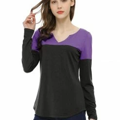 Allegra K Split V-neck Long Sleeves Color Block T-Shirt 80 Allegra K Split V-neck Long Sleeves Color Block T-Shirt