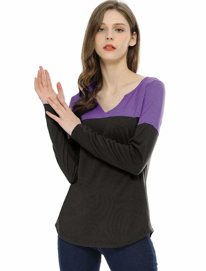 Allegra K Split V-neck Long Sleeves Color Block T-Shirt 23 Allegra K Split V-neck Long Sleeves Color Block T-Shirt