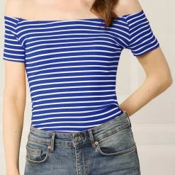 Allegra K Women's Slim Fit Short Sleeves Off The Shoulder Cropped Top